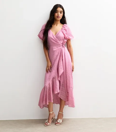Women's Light Pink Textured Wrap Ruffle Midi Dress
