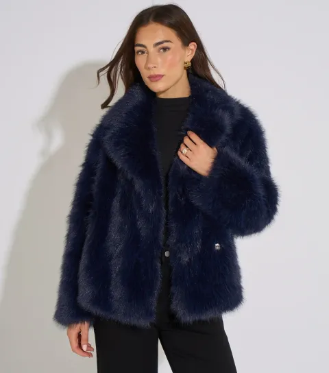 Gini London Women's Dark Blue Faux Fur Short Jacket