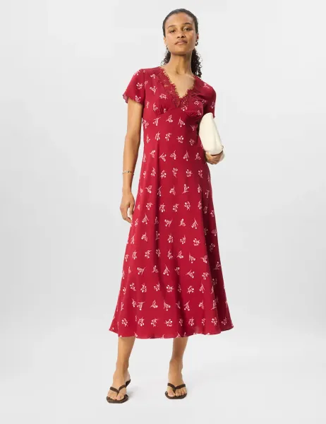 Whistles Floral V-Neck Midi Tea Dress Burgundy Mix