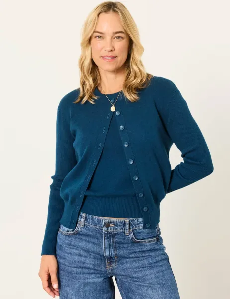 FatFace Cotton Blend Ribbed Button Front Cardigan Teal