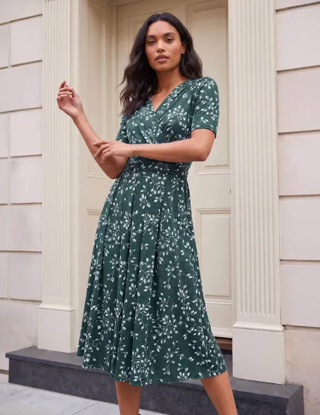Roman Leaf Print Knee Length Wrap Dress Teal Mix