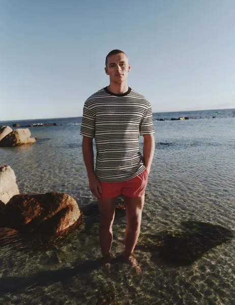 Marks & Spencer Relaxed Fit Cotton Rich Textured Striped T-Shirt Ecru