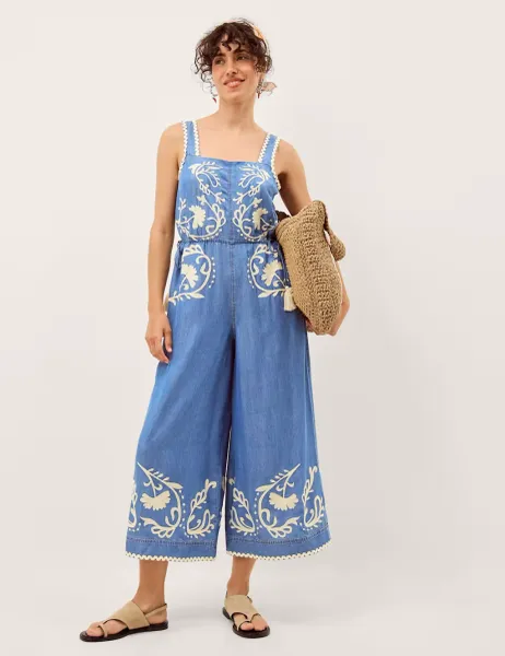 Monsoon Denim Embroidered Cropped Jumpsuit Blue Denim