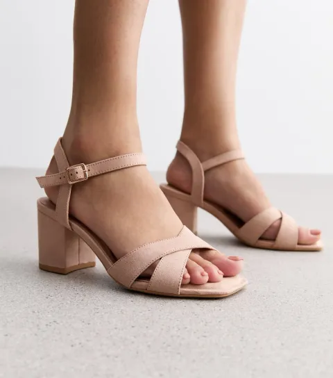 Women's Wide Fit Pink Faux Suede Crossover Strap Sandals Vegan