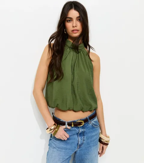Women's Khaki Bubble Hem Neck Tie Top