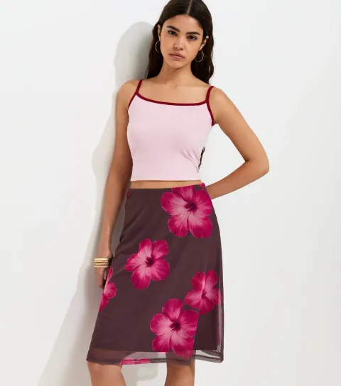 Women's Pink Hibiscus Print Mesh Midi Skirt
