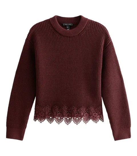 Women's Dark Burgundy Chunky Knit Lace Hem Jumper