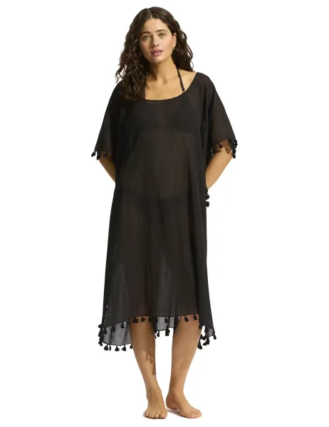 Seafolly Amnesia Pure Cotton Tassel Trim Kaftan Beach Dress Black