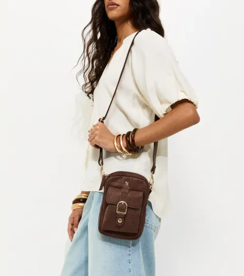 Dark Brown Croc Embossed Buckle Phone Bag