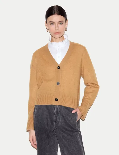 Jigsaw Merino Wool Rich V Neck Relaxed Cardigan with Cashmere Camel