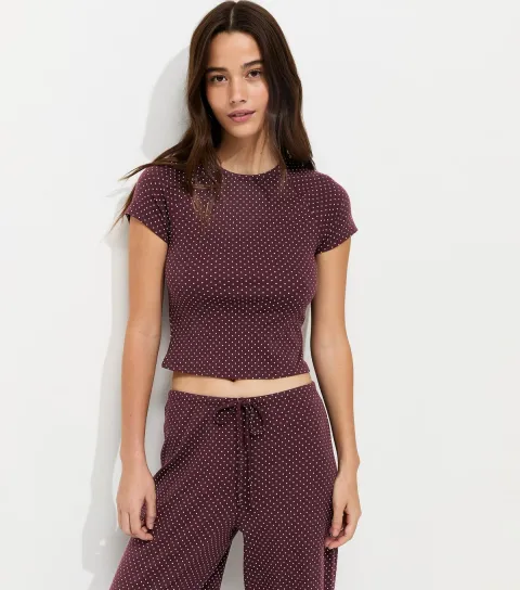 Women's Burgundy Polka Dot Baby Tee T-Shirt