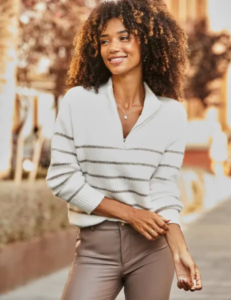 SOSANDAR Striped Ribbed Half Zip Jumper with Wool Ivory Mix