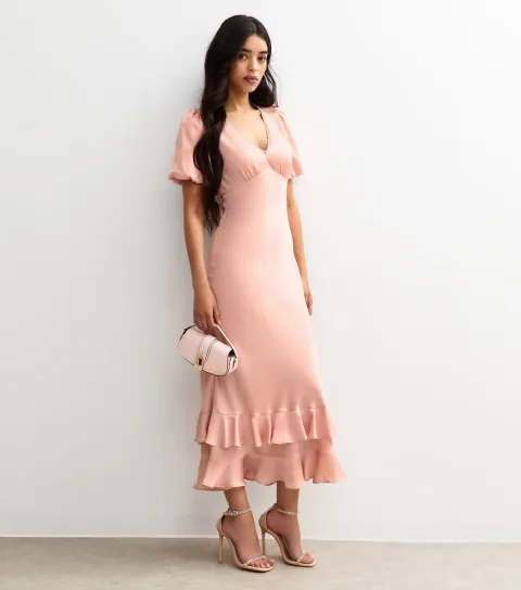 Women's Light Pink Satin Puff Sleeve Ruffled Midi Dress