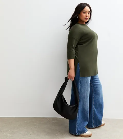 Women's Plus Size Dark Khaki Soft Touch Crop Sleeve Top Curves