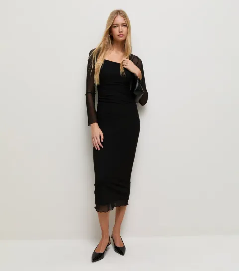 New Look Women's Black Mesh Square Neck Long Sleeve Midi Dress