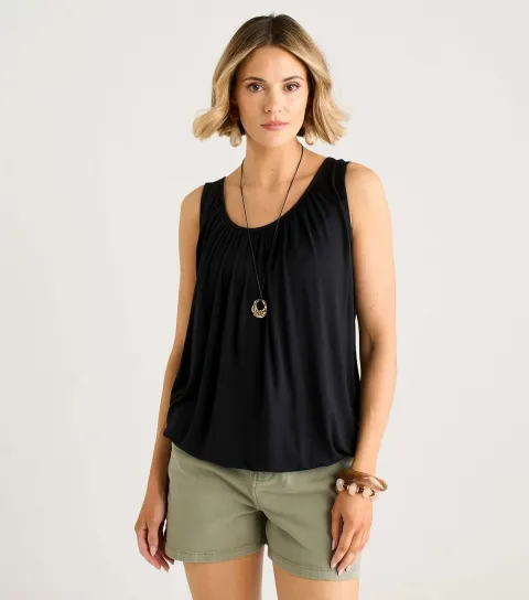 Women's Black Scoop Neck Ruched Oversized Vest