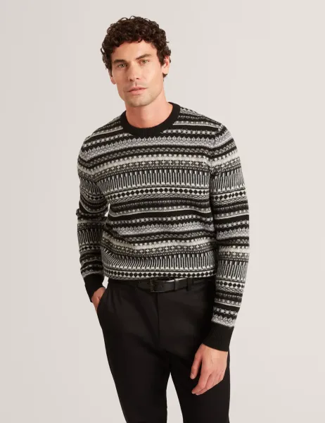 Ted Baker Wool Rich Fair Isle Crew Neck Jumper Grey