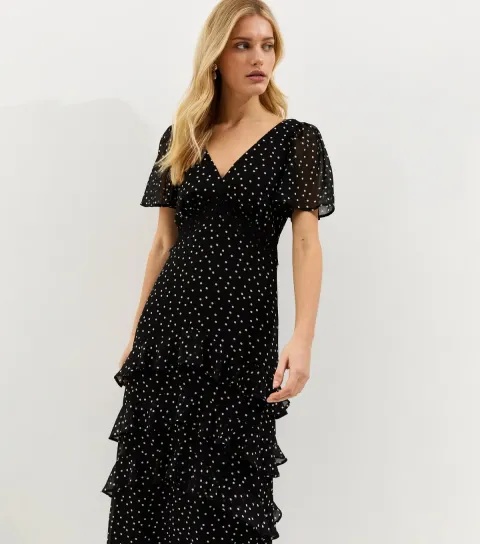 Women's Black Polka Dot Chiffon Tiered Maxi Dress