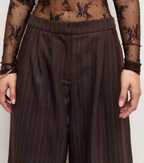 Women's Petite Brown Pinstripe Wide Leg Tailored Trousers