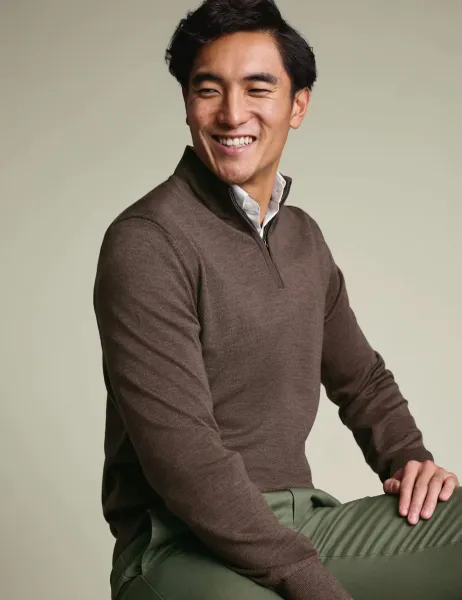 Charles Tyrwhitt Pure Extra Fine Merino Wool Half Zip Jumper Brown