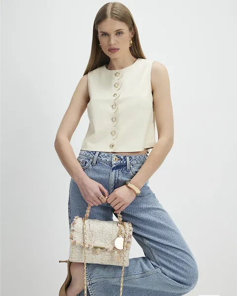 River Island Scallop Front Faux Leather Top