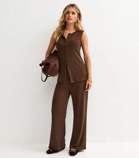 Women's Petite Brown Textured Wide Leg Trousers