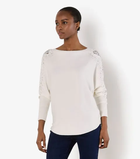 Women's White Lace Stud Arm Batwing Jumper