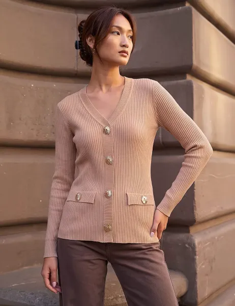 Roman Button Detail Knitted Top Camel Mix