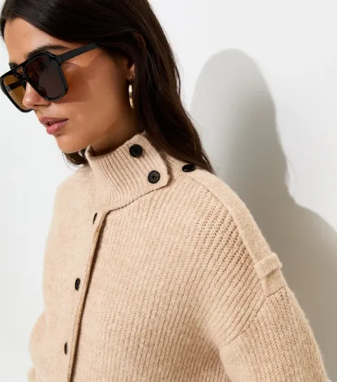 Women's Oatmeal Ribbed Knit Funnel Neck Cardigan