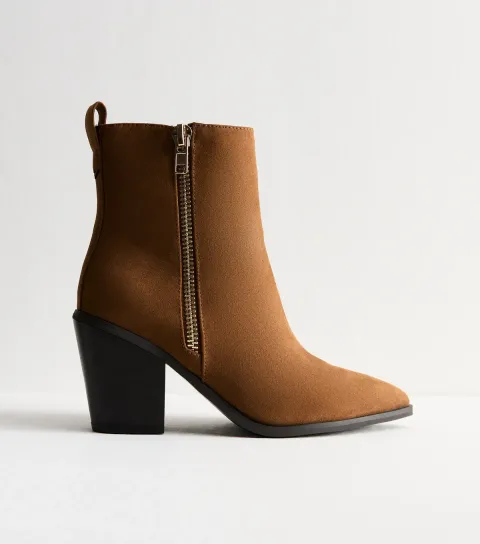Women's Wide Fit Tan Faux Suede Side Zip Heeled Ankle Boots Vegan