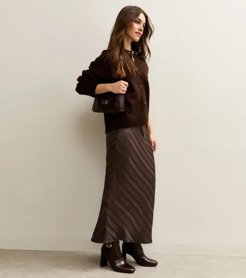 Women's Petite Dark Brown Striped Satin Bias Cut Midi Skirt