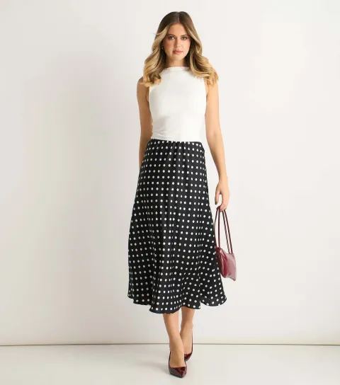 Women's Black Polka Dot Midi Skirt