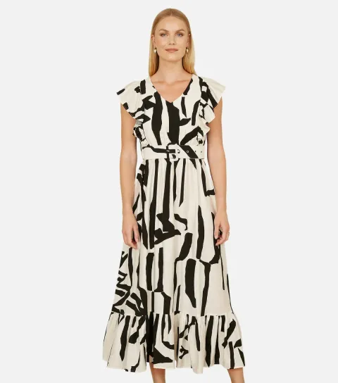 Women's Black Abstract Print Midi Dress