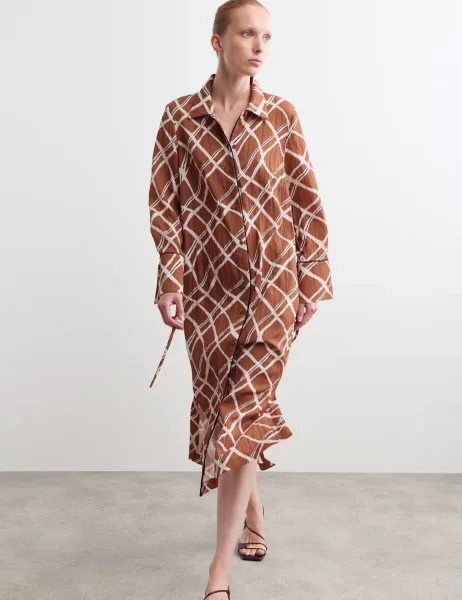 Jaeger Swirl Check Printed Midi Shirt Dress Copper