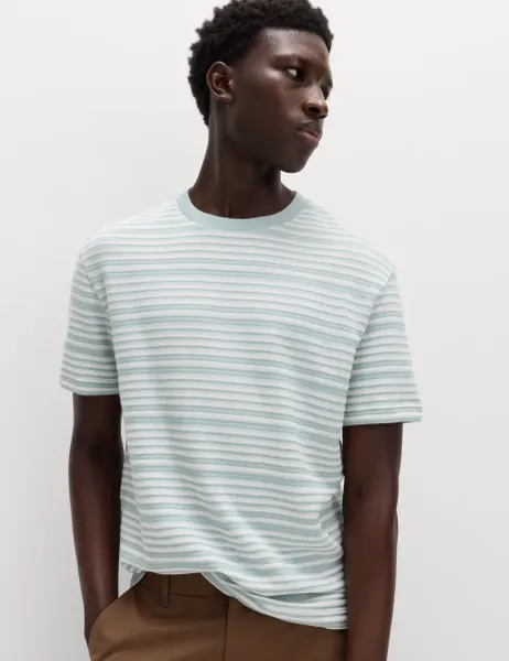 Marks & Spencer Relaxed Fit Cotton Rich Textured Striped T-Shirt Soft Blue