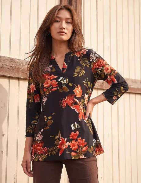Roman Floral Print Pocket Front Tunic Red Mix