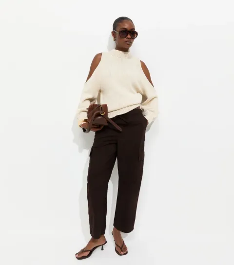 New Look Women's Dark Brown Barrel Leg Cargo Trousers