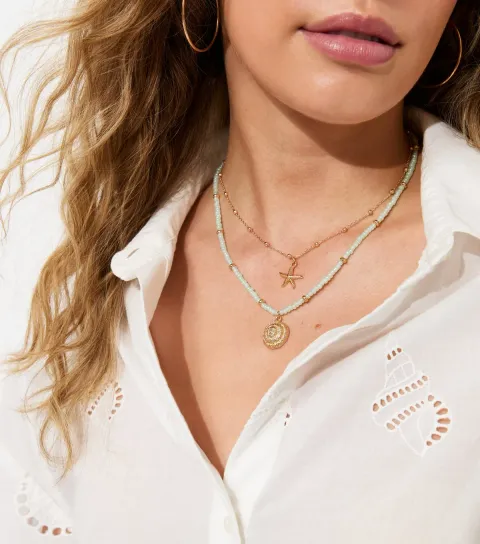 Pack. of2 Beaded Starfish and Shell Pendant Necklaces