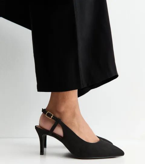 Women's Extra Wide Fit Black Faux Suede Slingback Pumps Vegan