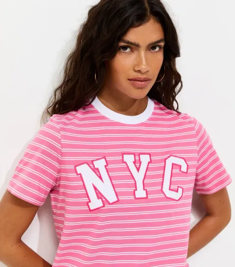 Women's Pink Cotton Striped NYC Relaxed Fit T-Shirt