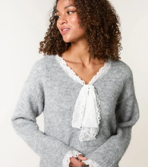 Women's Grey Lace Trim Knit Jumper