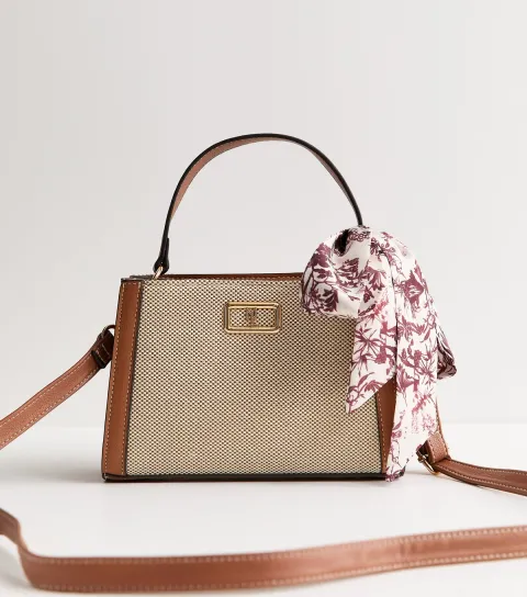 Brown Canvas Scarf Top Handle Crossbody Bag