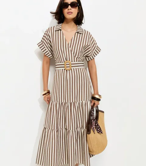 Women's Brown Striped Tiered Wrap Midi Dress