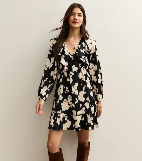 Women's Black Smudge Print Frill Neck Mini Dress