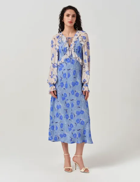 Ghost Floral Frill Detail Midi Tea Dress Blue Mix