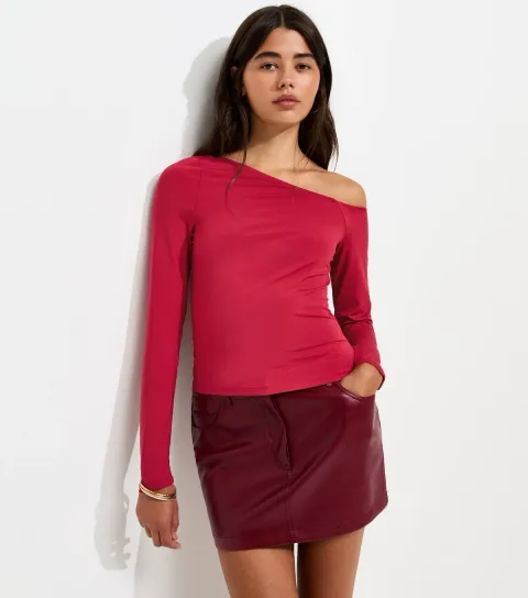 New Look Women's Dark Red Jersey Off Shoulder Long Sleeve Top