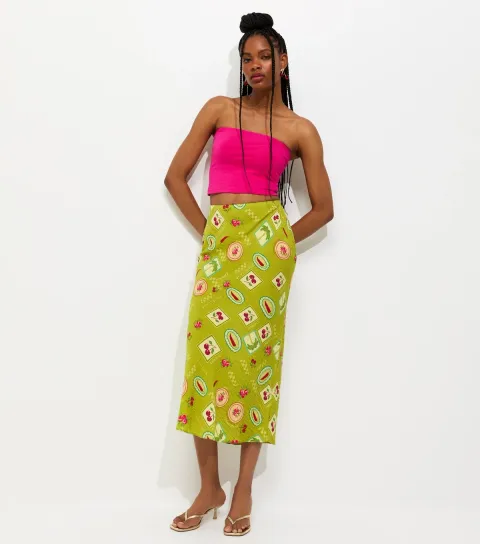 Women's Green Fruit Print Bias Cut Midi Skirt