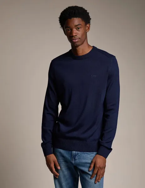Wool Blend Textured Crew Neck Jumper Dark Blue