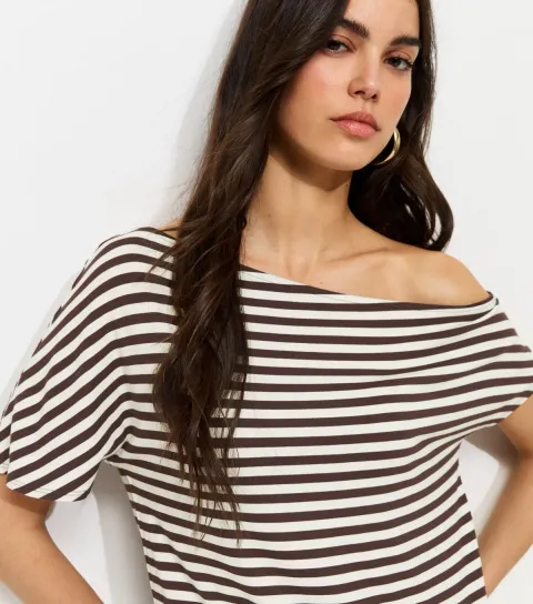 Women's Brown Jersey Short Sleeve Stripe Off The Shoulder Top
