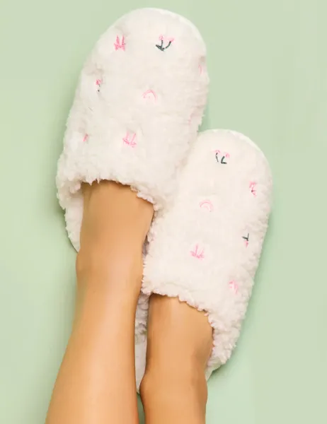 Boux Avenue Borg Bow Embroidered Mule Slippers Ivory Mix